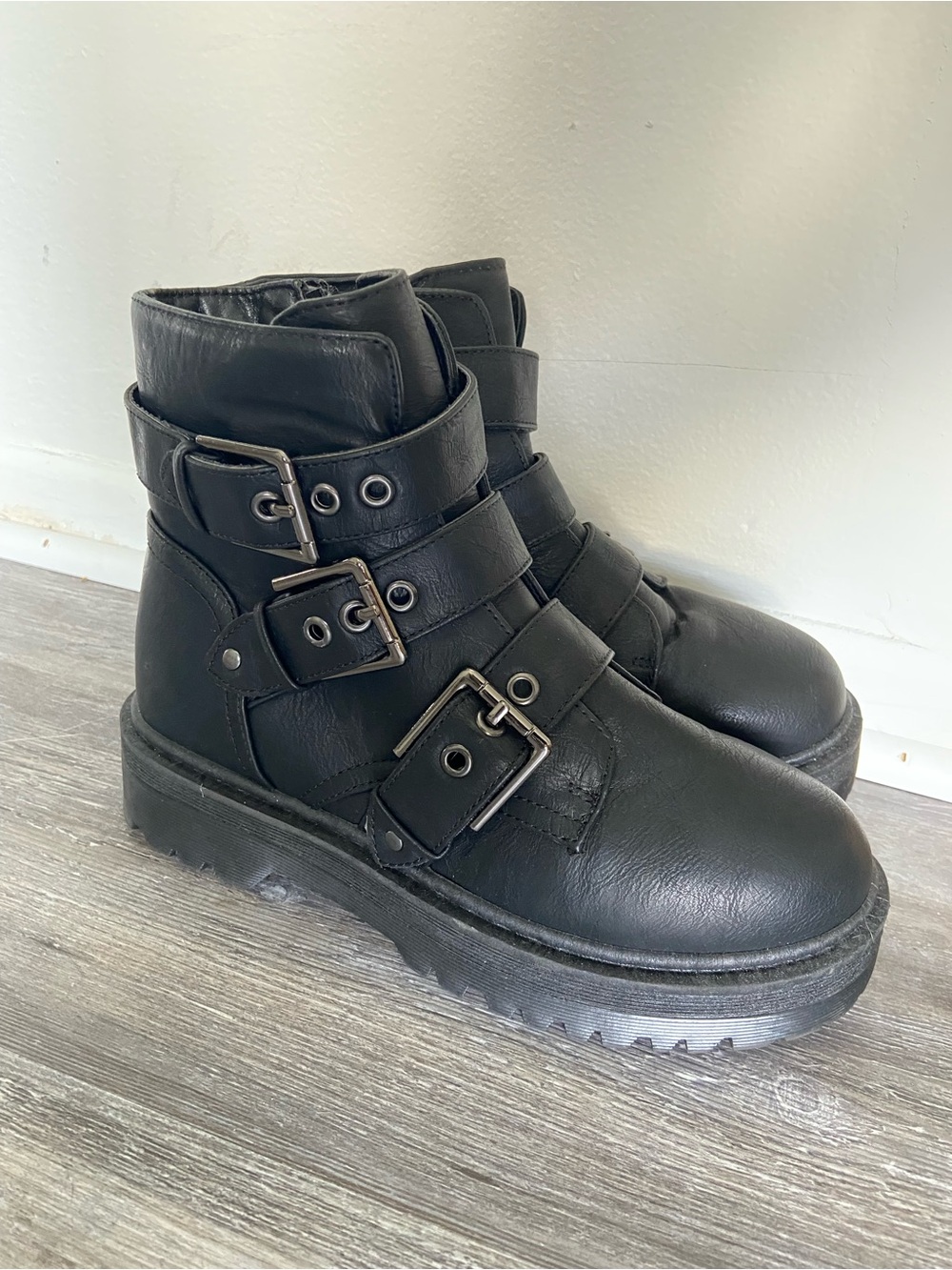 Qupid Black Triple-Buckle Combat Boots